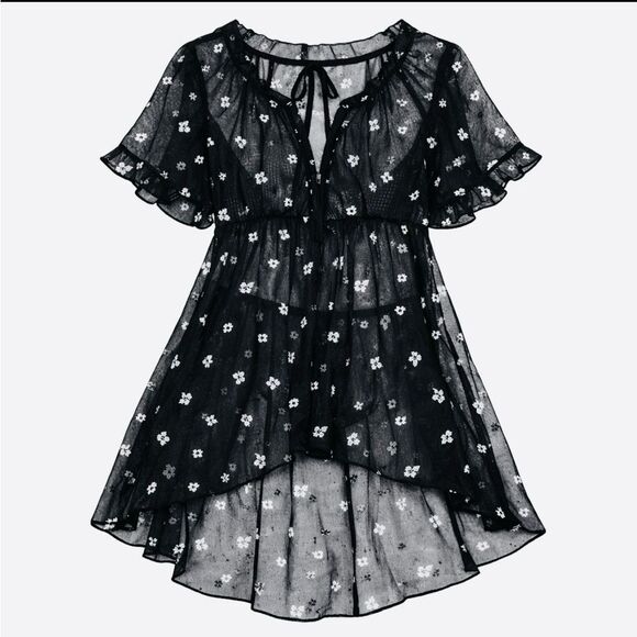 Free People Tops - Free People Black Sheer Lace Embroidered Floral Tunic Top XS Boho Goth Festival